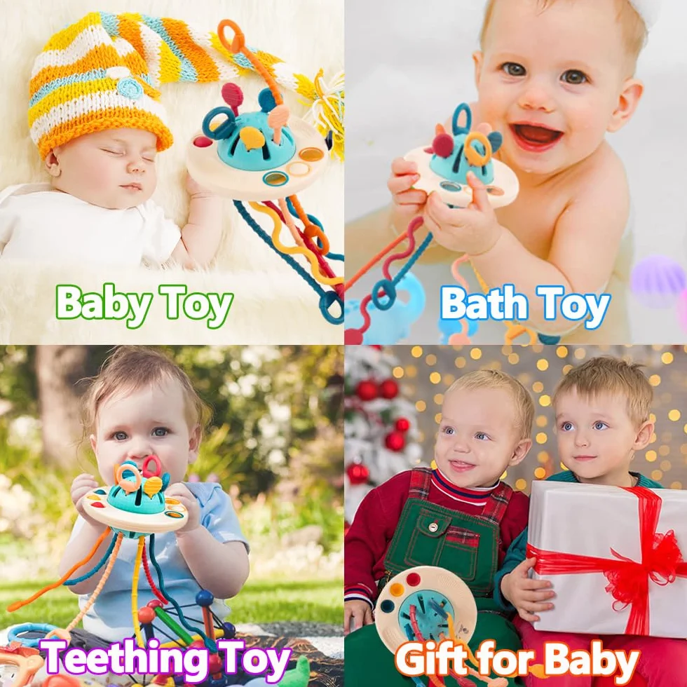 Montessori Juguetes para Bebés, Juguetes para Bebés de Habilidades Motoras Juguetes de Actividad Multisensorial para Bebés, Cuerda de Silicona para Tirar, Juguetes Regalo para Niños