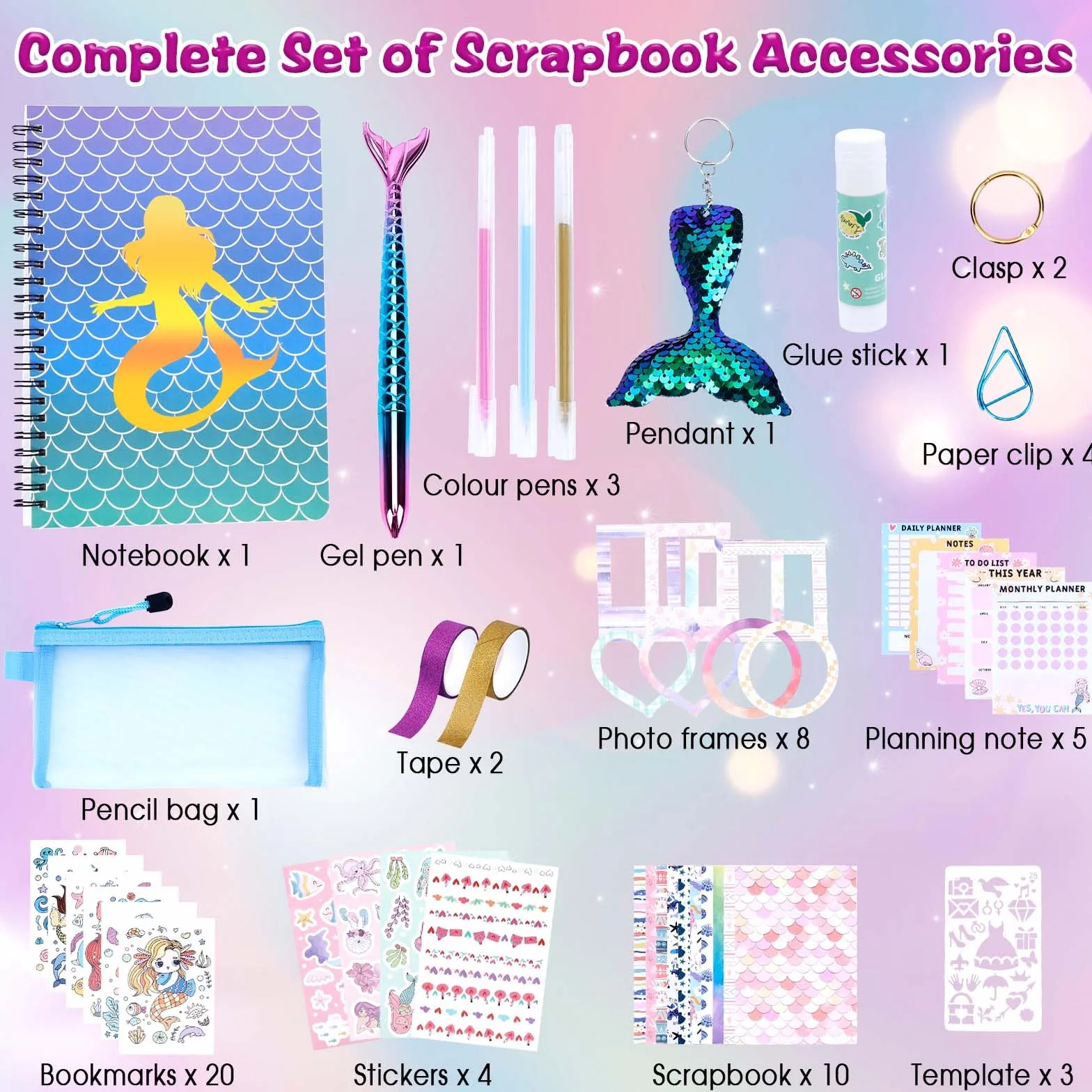 Dadabig Scrapbook kit, Recortes de Sirenas para Niñas 6-12 Años, Álbum de Diario DIY, Papelería de Sirena Personalizados, kits de Artes y Manualidades con 1 Cuaderno y 65 Accesorios