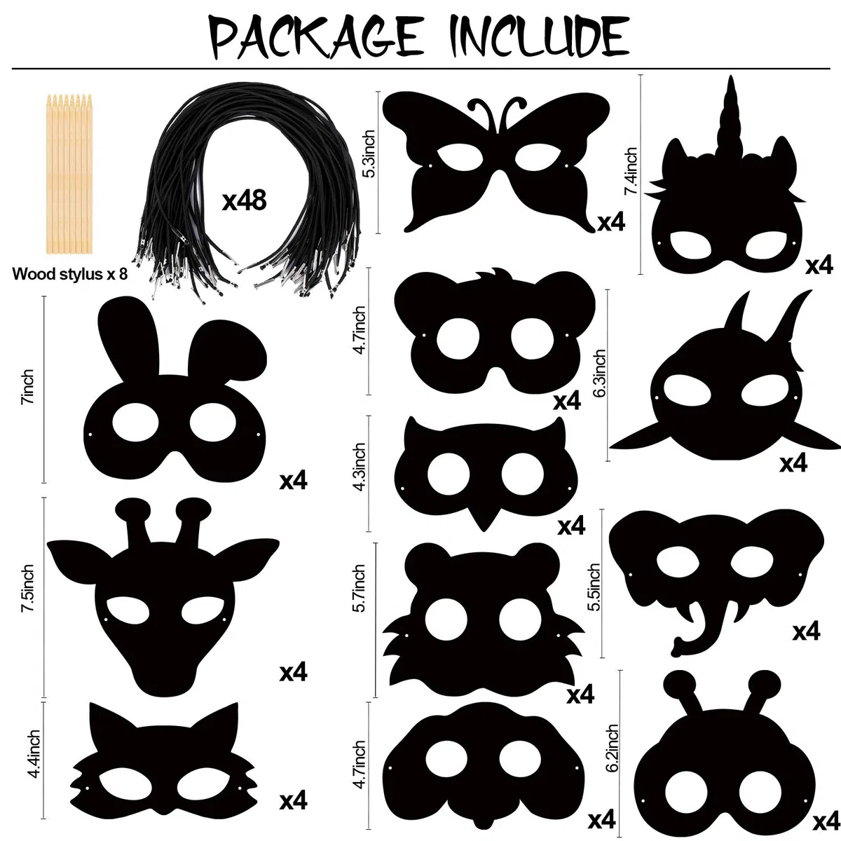 Qpout 48pcs Scratch Art Máscaras para niños, animales rascadores, juego de máscaras con cordones elásticos y lápiz de madera para niños, cumpleaños, Pascua, Halloween, Navidad, juego, regalo