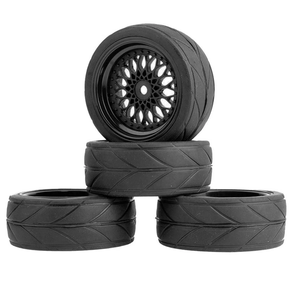 KEEDA Neumáticos de goma de 64 mm y llantas de plástico de 52 mm para 1/10 RC On Road Touring Racing Drift Car (profundidad de presión 6 mm, negro)