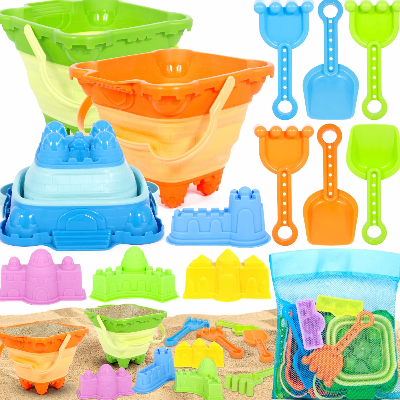 14 Piezas Juguetes de Playa para Niños con Cubo Castillo, Palas, Moldes de Arena y Bolsa de Rejilla – Juguetes Playa Infantiles Ideales para Arenero, Jardín, Vacaciones, Viajes