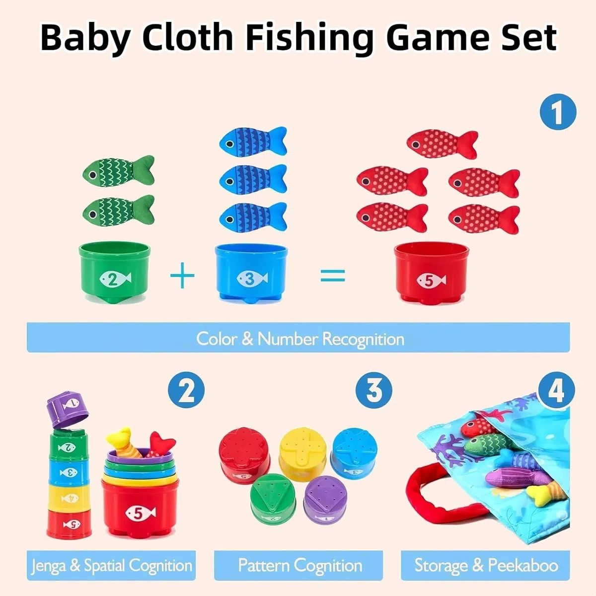 Juguetes Niños 1 Año Montessori, Juego Pesca con 15 Peces Tela, Cubos Apilables, Bolsa, Educativos Juguetes Bebes 12-18 Meses, Regalo Bebe 1 2 Año