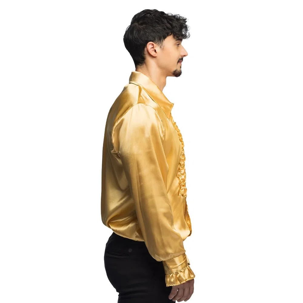 Boland - camicia da discoteca con frange, oro, da uomo, costume, camicia da festa, mossa Schlager, anni '70, festa a tema, carnevale