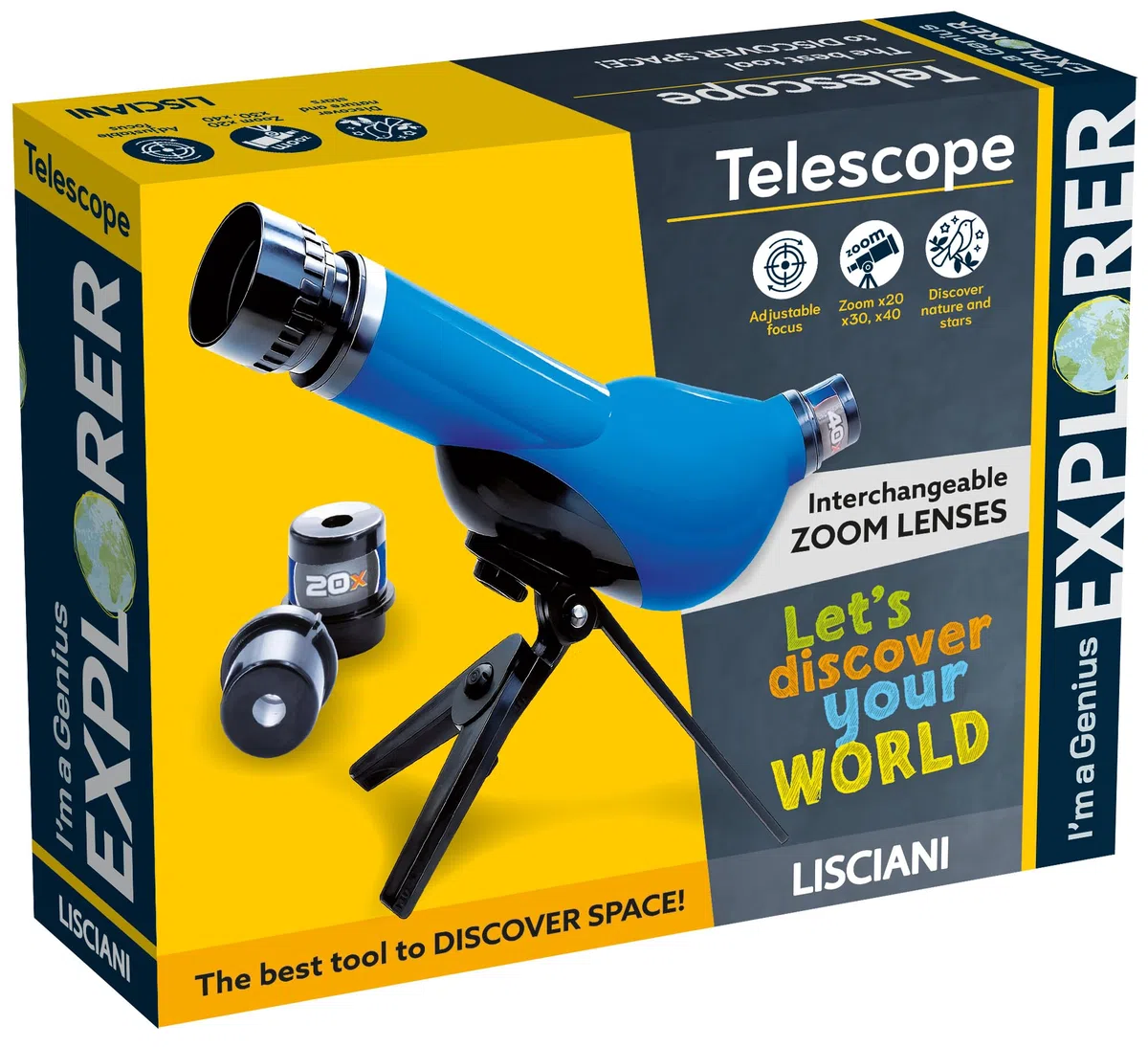 Lisciani - I'm a Genius - Telescopio para niños Desde 7 años - Kit de astronomía con trípode y 3 Objetivos Zoom 20x 30x 40x - Observación del Cielo, Luna y Estrellas - Actividad científica
