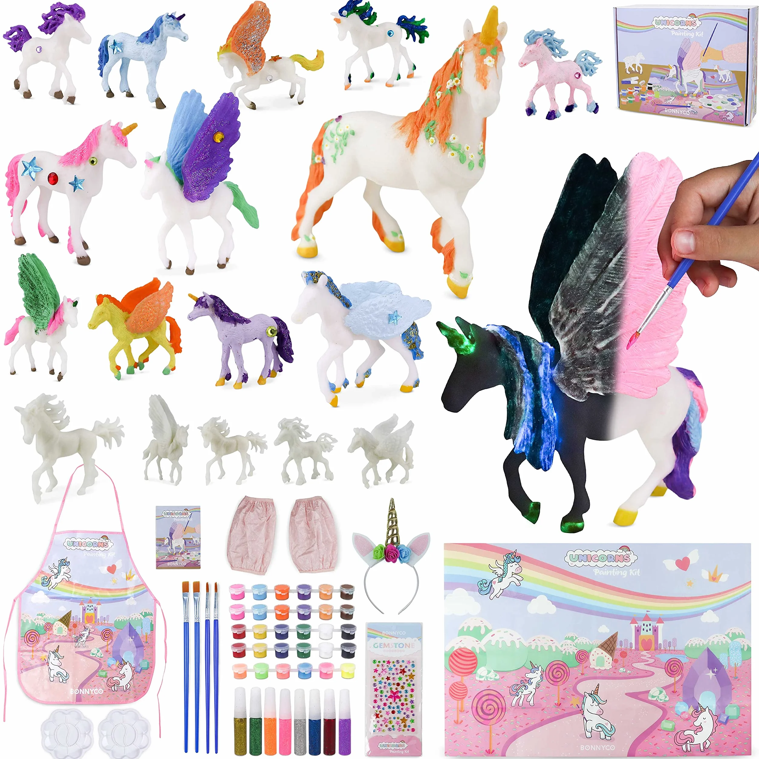 BONNYCO Unicornios para Niñas Figuras para Pintar Kit con 18 Unicornios. Set Manualidades Niñas, Juguetes con Brillo en la Oscuridad 3 4 5 6 7 8 9 10 Años. Regalos Niños en Cumpleaños y Navidad