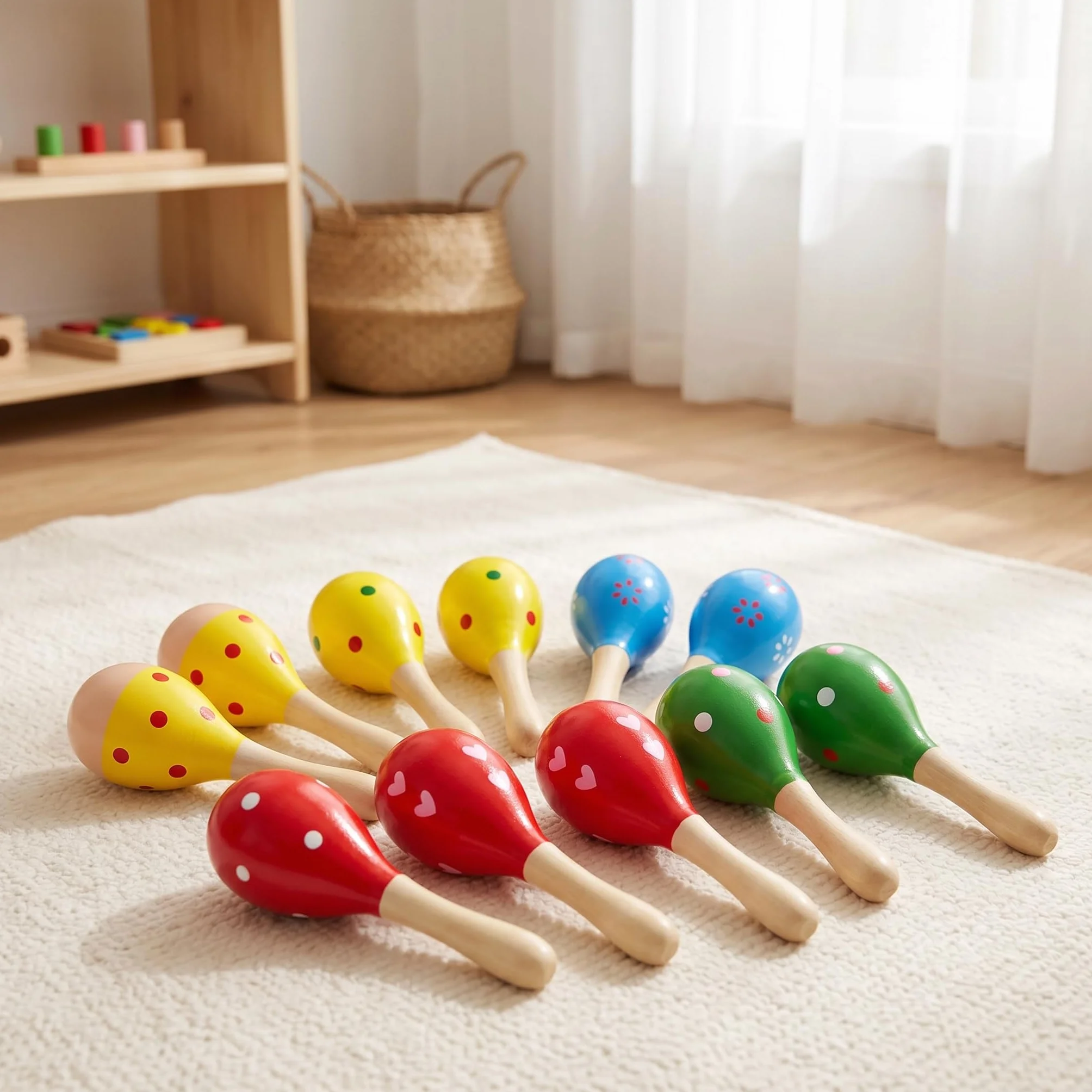 12 Mini Maracas de Madera para niños, 12 cm, sonajero, Instrumentos Musicales de Madera, sonajeros de Madera para niños, Fiestas y escuelas