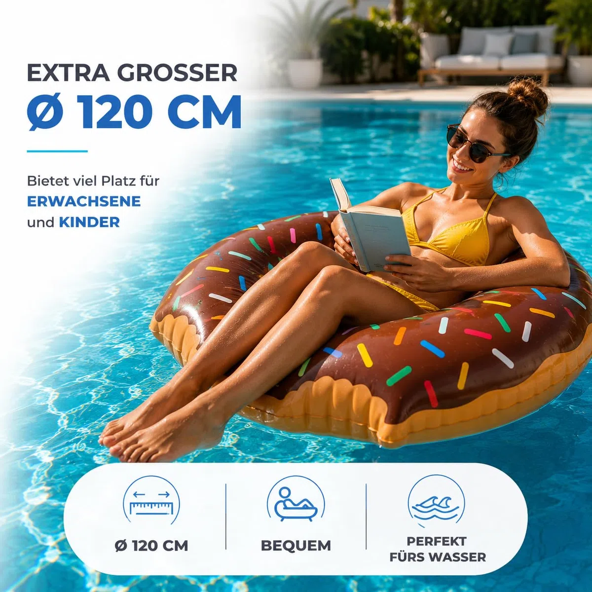 Donut Inflable Ø 120 cm con mordida Anillo de natación aro Flotante colchón de Aire cojín de natación marrón, Piscina y Agua, con 1x portavasos para Adultos y niños Isla de natación Animal flotantema