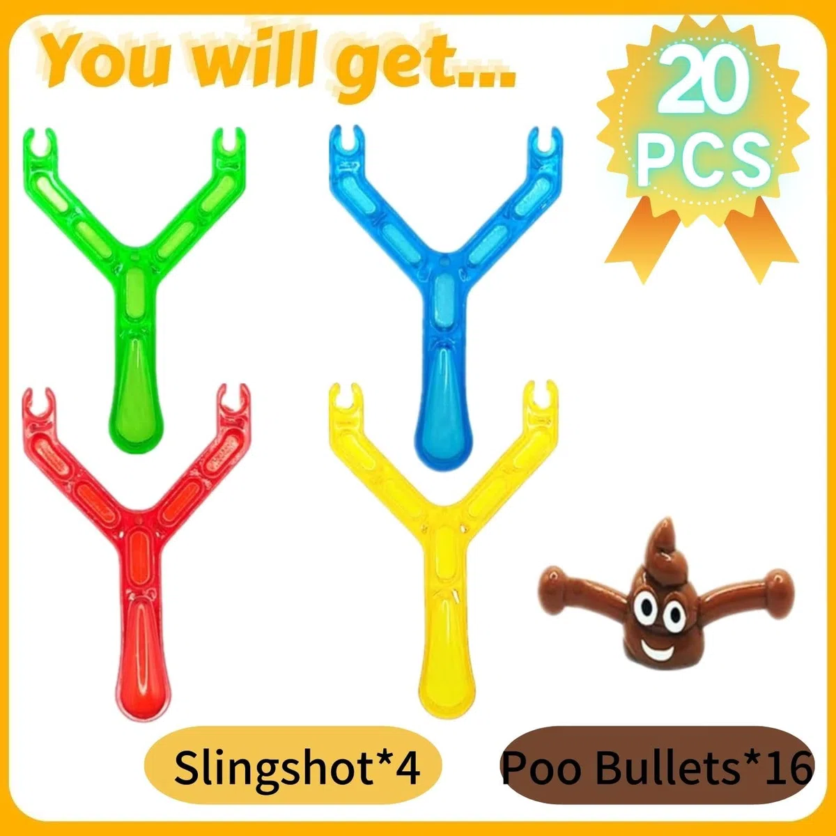 Juego de 20 piezas de juguete (Poo Slingshot, 4 lanzamallas, catapulta catapulta con 16 bolas Emoji Mochi Toys, Party Bag Filler Kids Adult Birthday bromea de juguete regalo (color