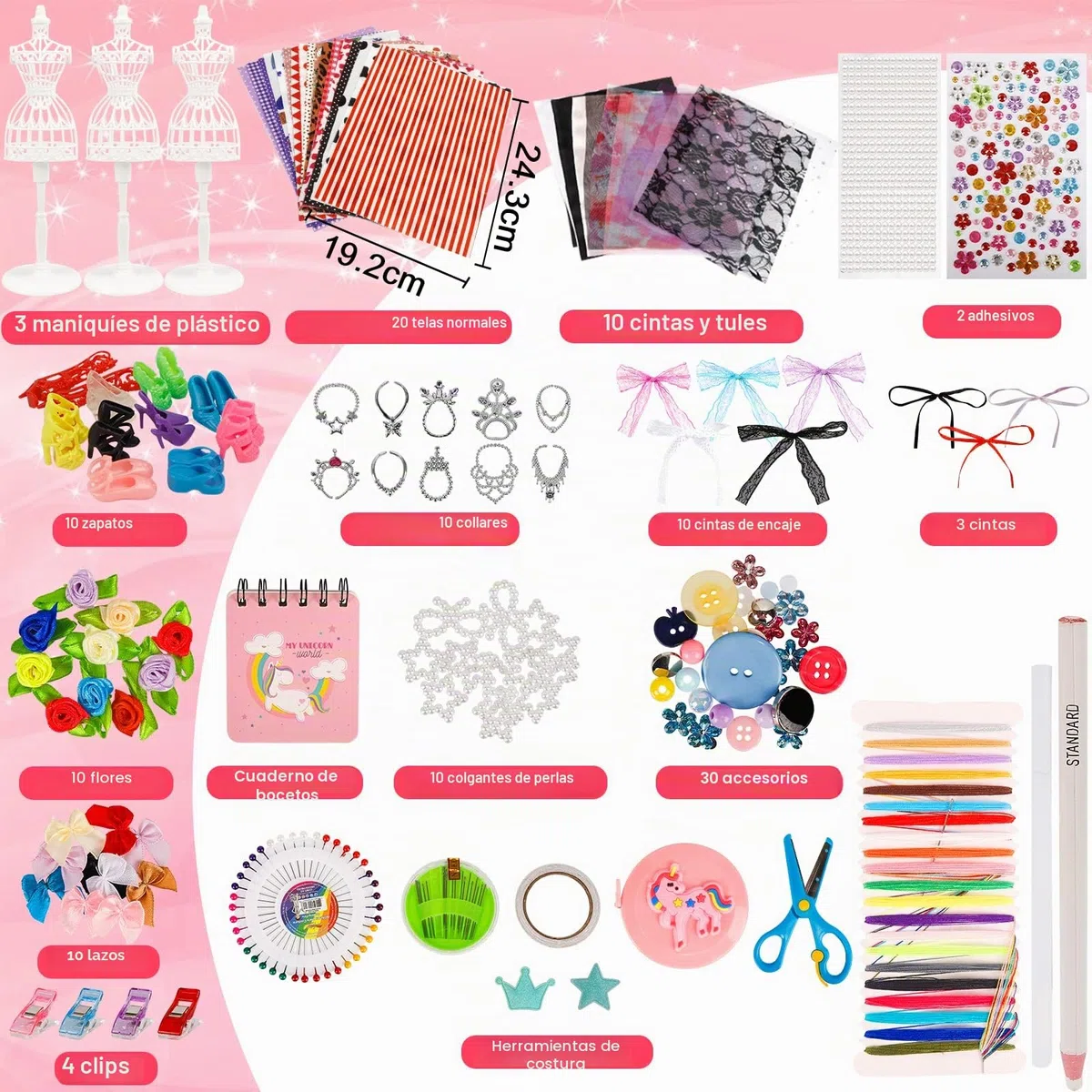 YOCOLE 300+ Piezas Kit Diseña la Moda Niña, Kit Costura con Telas Manualidades con Maniquíes Cuaderno Accesorios, Regalos Fashion Designer Creativos Juegos para Niñas Niños 6 7 8 9 10 11 Años
