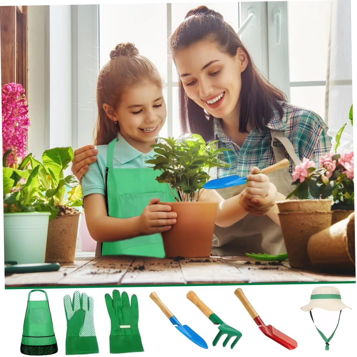 Juego de jardinería para niños Conjunto de herramientas de jardinería para niños El conjunto educativo de jardinería para niños pequeños incluye el delantal, el pulverizador, los guantes, el sombrer