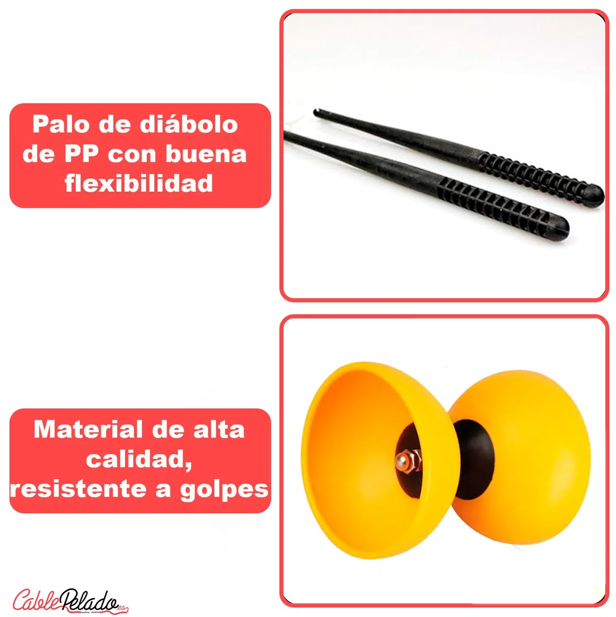 CABLEPELADO - Diábolo para Malabares con Palos de Plástico – Diábolo Acrobático para Niños y Adultos, Eje Metálico, Medidas 15 x 11,5 cm, Malabarismo para Principiantes (Amarillo)