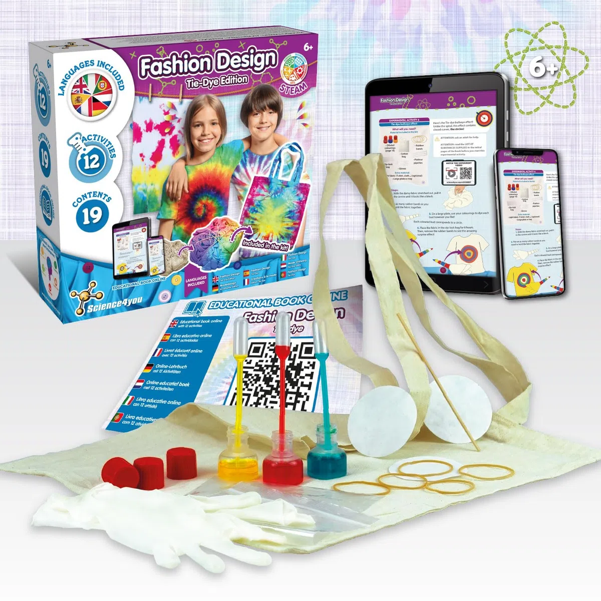 Science4you Fashion Design - Actividades Tie Dye Kit para Niños, Tinte para Ropa y Bolsa Tie Dye de Pintura lavable, Manualidades para Niñas 6+ años, Juegos, Juguetes DIY, Regalo para Niños y Niñas