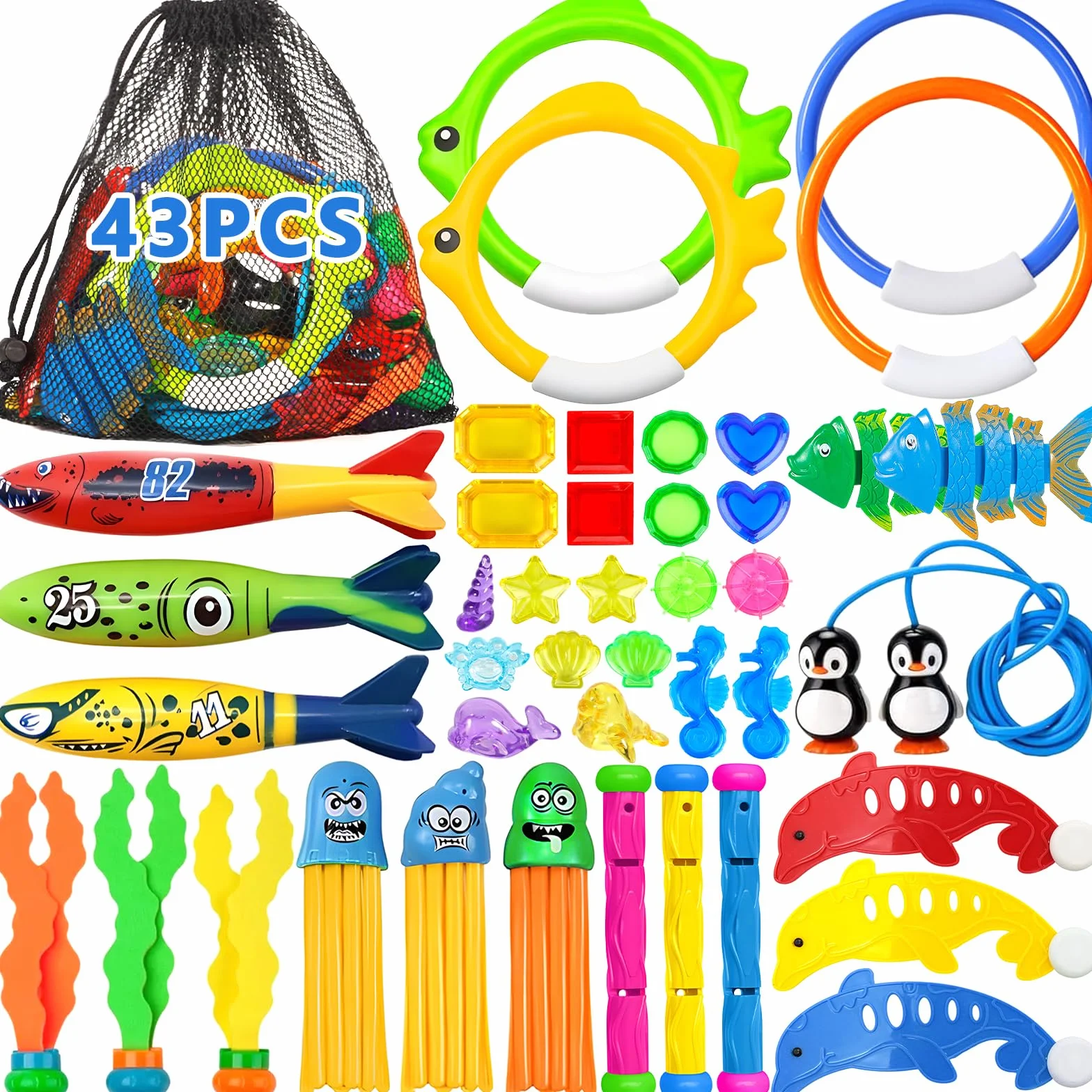 Frasheng 43 Piezas Juguetes de Buceo en Piscina,Juguetes para Nadar bajo el Agua Conjunto,Juguetes de Buceo Conjunto para Niños,Incluir Anillos de Buceo,Palos de Buceo,Entrenamiento Juego para Niños