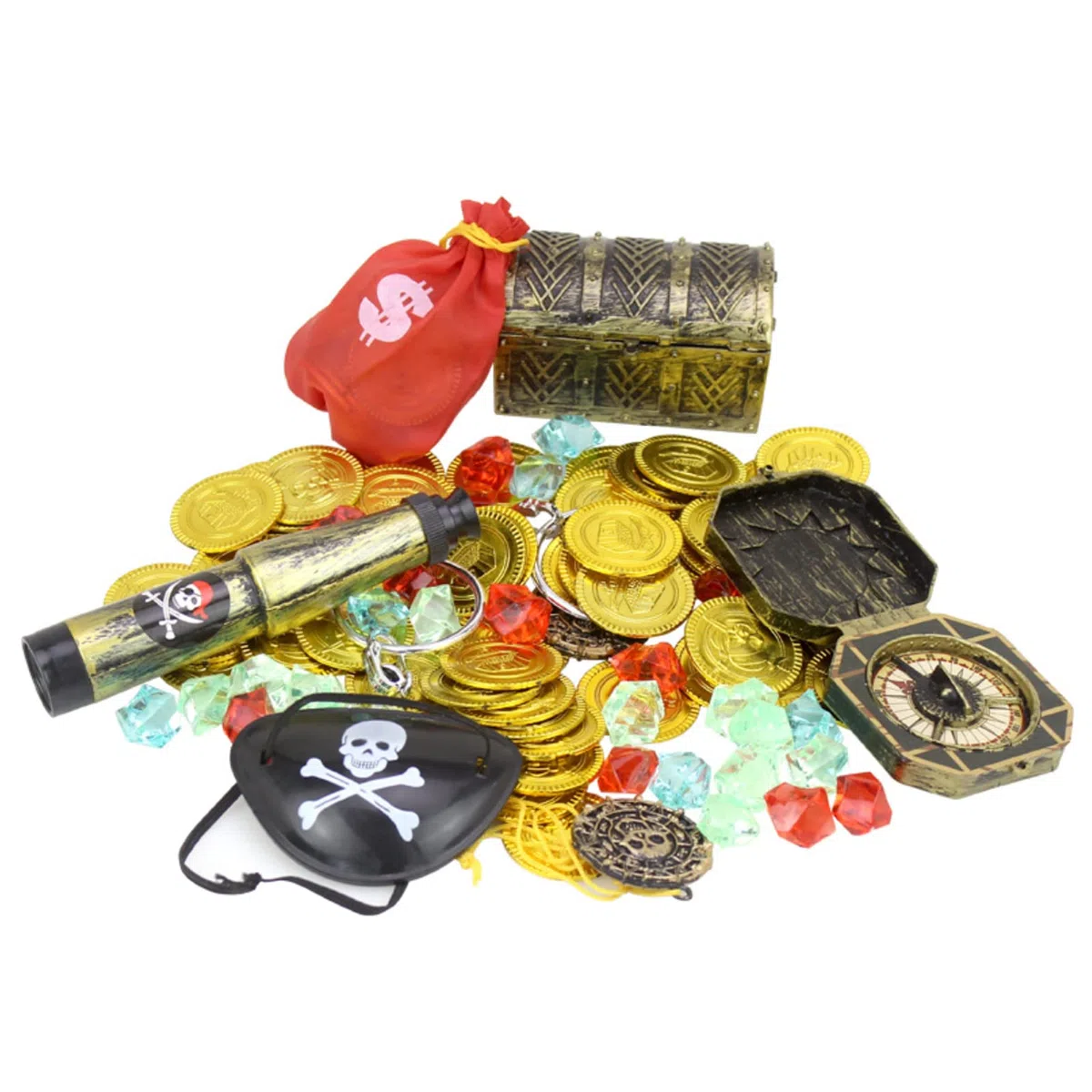 Tesoros de búsqueda del tesoro, juego de juguetes, fiestas de Navidad, piratas, monedas de oro, caja de juguetes con cerradura, contiene brújula, anteojera, piedras decorativas para fiestas piratas