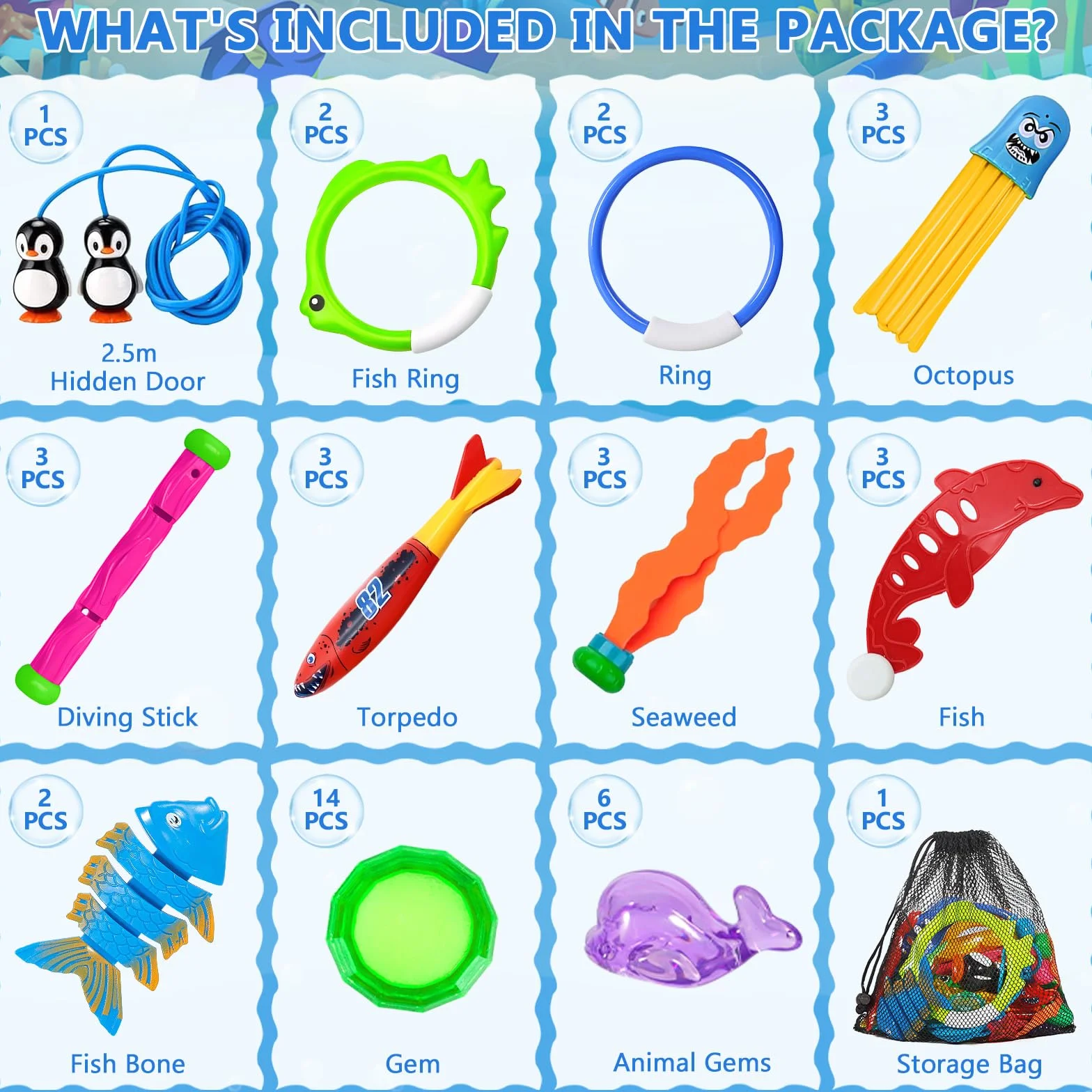 Frasheng 43 Piezas Juguetes de Buceo en Piscina,Juguetes para Nadar bajo el Agua Conjunto,Juguetes de Buceo Conjunto para Niños,Incluir Anillos de Buceo,Palos de Buceo,Entrenamiento Juego para Niños