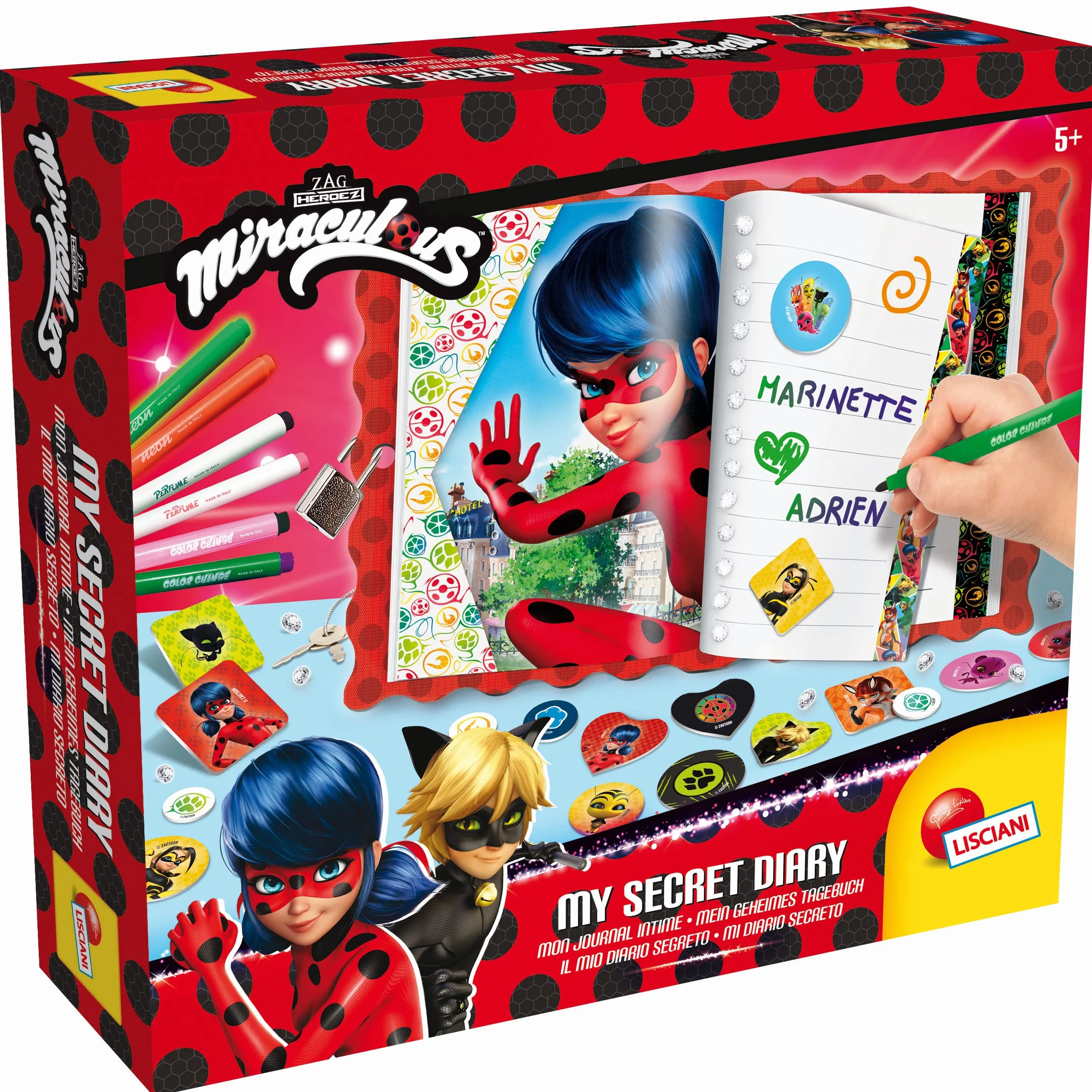 Lisciani - MIRACULOUS Ladybug - Mi Diario Secreto - Diario Personalizable con Candado - Manualidades a partir de 4 años - Incluye Rotuladores, Pegatinas y Accesorios - Fabricado en Italia