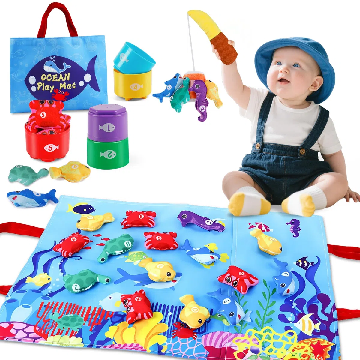 Juguetes Niños 1 Año Montessori, Pescar Juguete, Juego de Pescador, 15 Piezas Juego Pesca de Tela con Taza Apilables, Almacén Bolsa, Educativos Juguetes Bebes 6-12 Meses, Regalo Bebe 1 2 Año