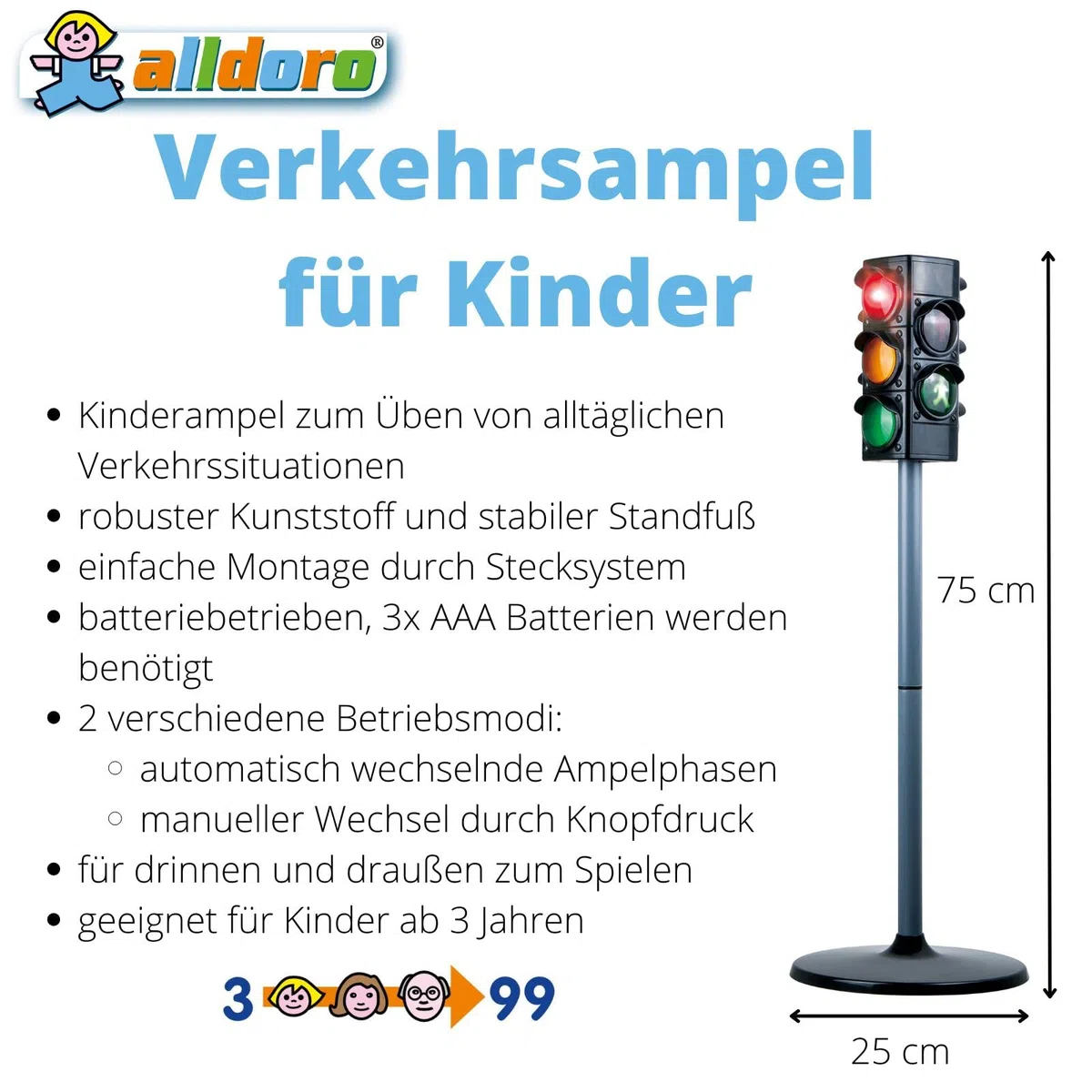 alldoro 60095 Semáforo, semáforo para niños con Base Ancha, Aprox. 75 cm de Altura, con 2 Luces para vehículos y 2 para peatones, Funciona con Pilas, 2 Modos de luz e Interruptor