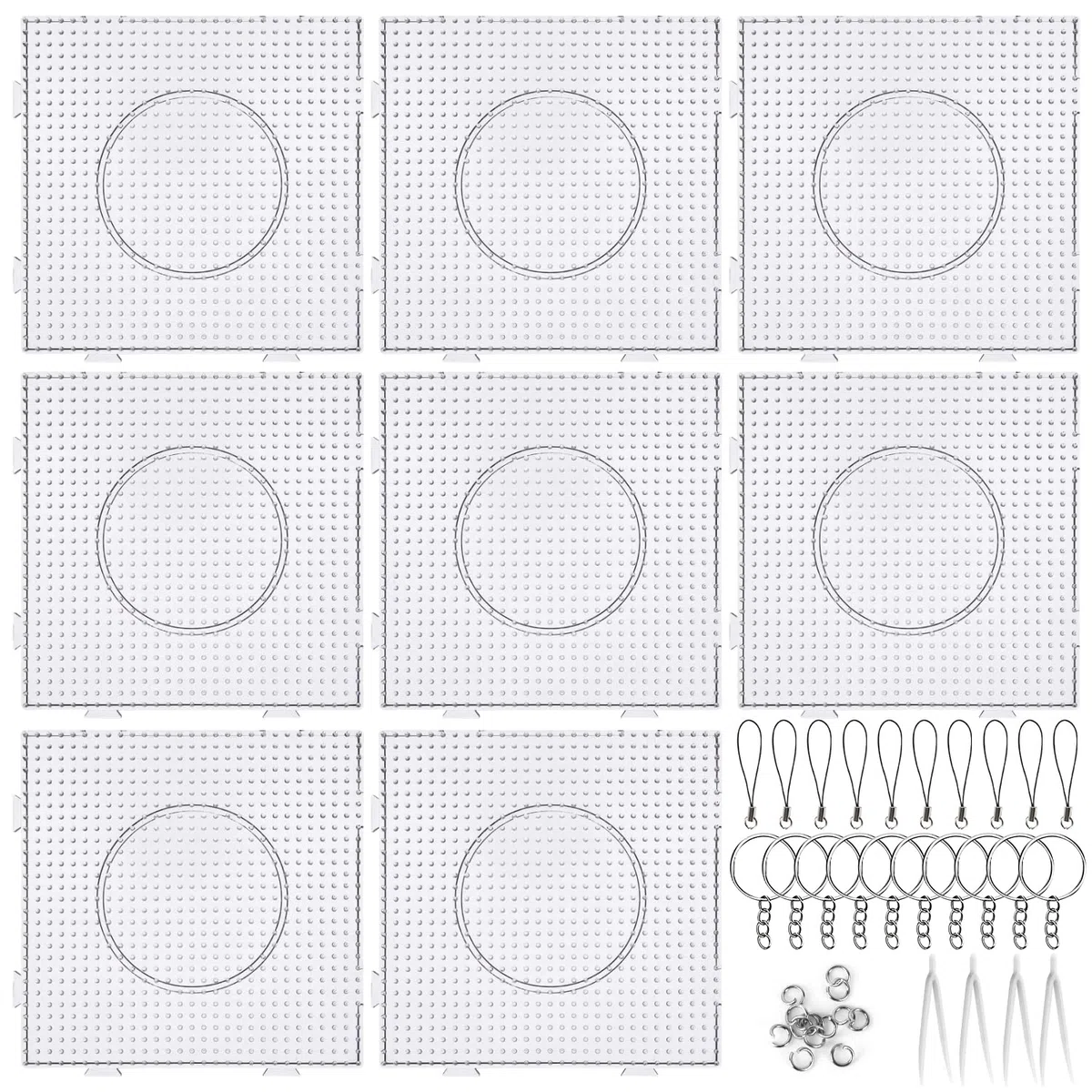 Fizdoqg 8 Piezas Placa de Cuentas para Planchar 5mm Beads Plantilla, Placas Transparente para Cuentas Plantillas de Cuadradas con 4 Pinzas y 10 Cintas para Llaves, Llavero