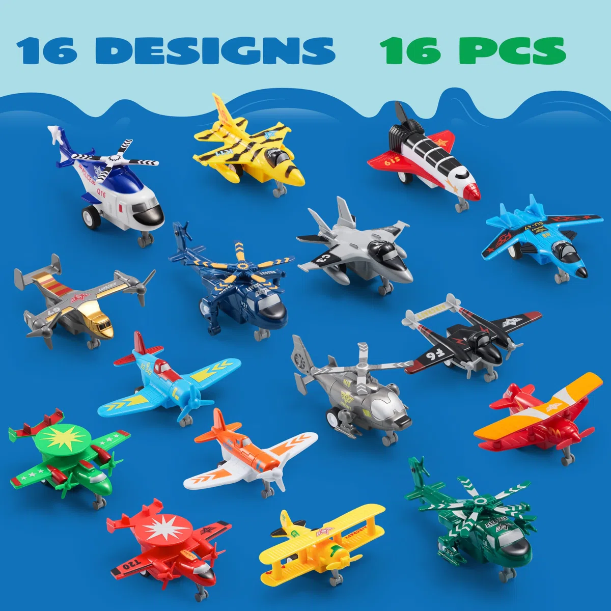 JOYIN 16 piezas de juguetes de avión, juego de avión para niños, helicóptero, combatiente, bombardero, modelo de biplano, regalos para niños pequeños de más de 3 años, regalos para niños, juguetes de
