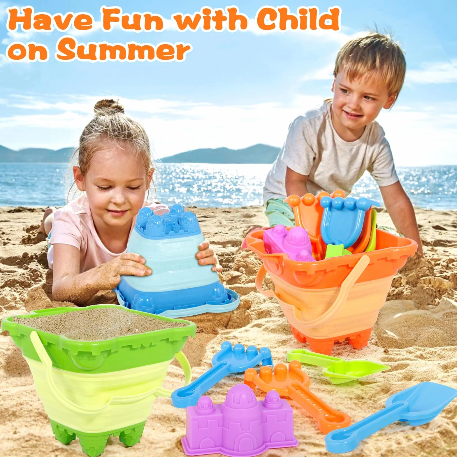 14 Piezas Juguetes de Playa para Niños con Cubo Castillo, Palas, Moldes de Arena y Bolsa de Rejilla – Juguetes Playa Infantiles Ideales para Arenero, Jardín, Vacaciones, Viajes