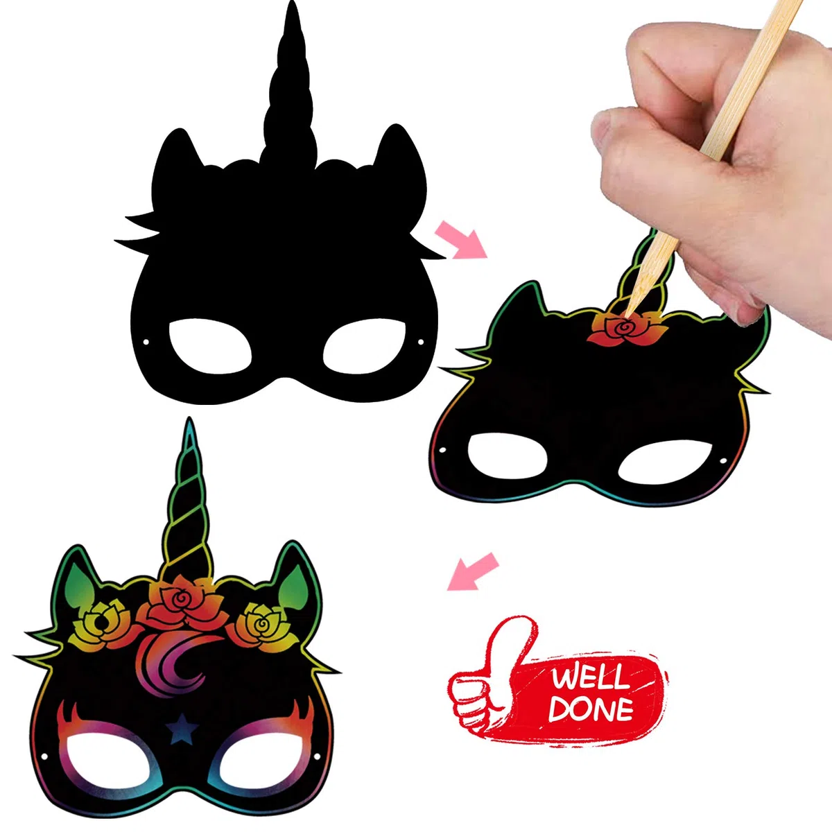 Qpout 48pcs Scratch Art Máscaras para niños, animales rascadores, juego de máscaras con cordones elásticos y lápiz de madera para niños, cumpleaños, Pascua, Halloween, Navidad, juego, regalo