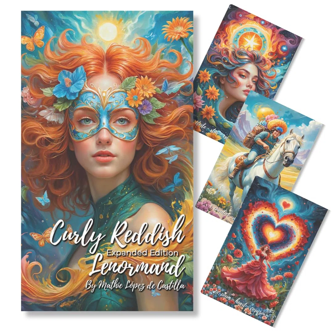 Curly Reddish Lenormand: 36 + 16 Cartas Lenormand oráculo para Principiantes de Mathie y su Guia Angelical, Muy intuitivo, con Video Curso, Palabras Clave en español, inglés y francés