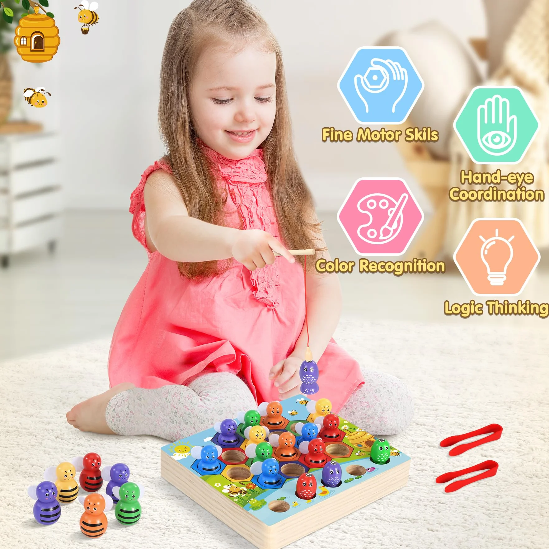 Ophy Juego de Pesca Magnético Juguetes de Madera -Montessori Juguete Educativo para Niños de 3 4 5 6 años Juego de Combinación de Colores & Clasificación Motricidad Fina Juegos con Vasos Apilables