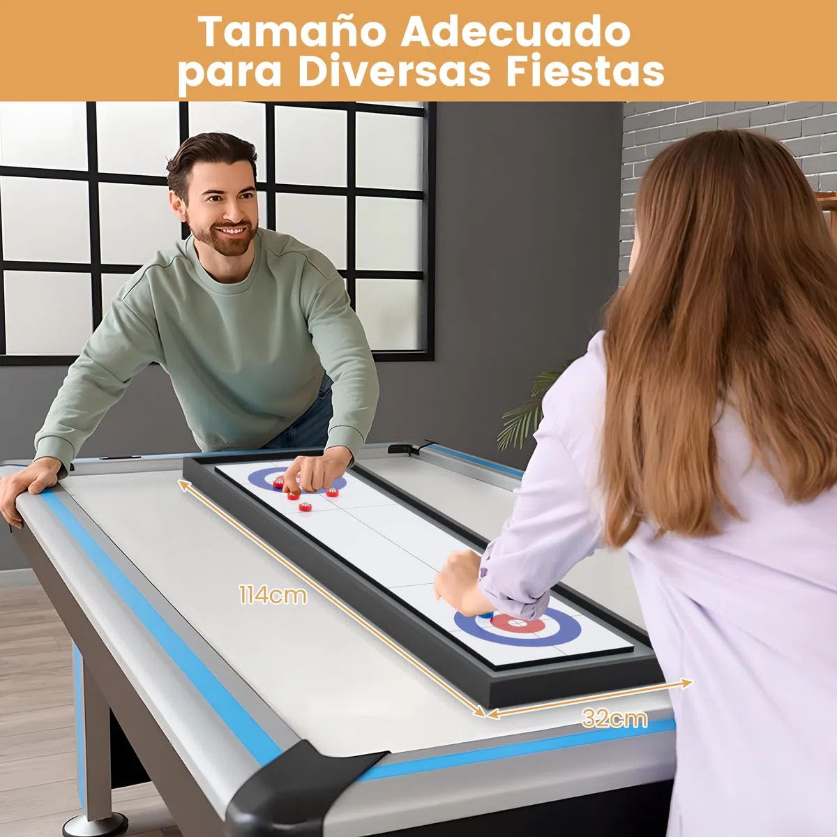 COSTWAY Shuffleboard y Curling de Mesa, 2 en 1 Juego de Mesa Combinada de Madera con 8 Discos, Juego de Tejo Portátil de Shuffleboard, Game Sets de Doble Cara para Adultos Niños