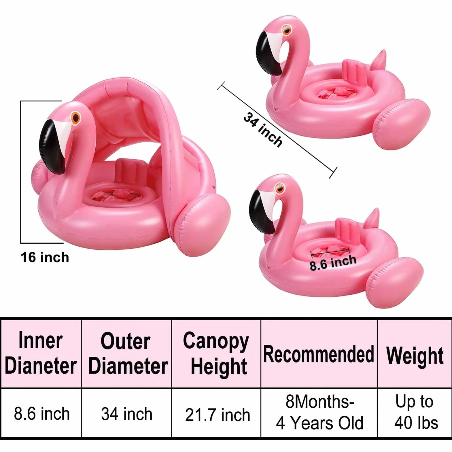 Flotadora para Bebés, Flamenco Bebé Flotador de Seguridad, Flotador para Bebé con Sombrilla, Flotador para Bebé con Asiento, Ajustable Barco Anillo de Natación, Protección UV