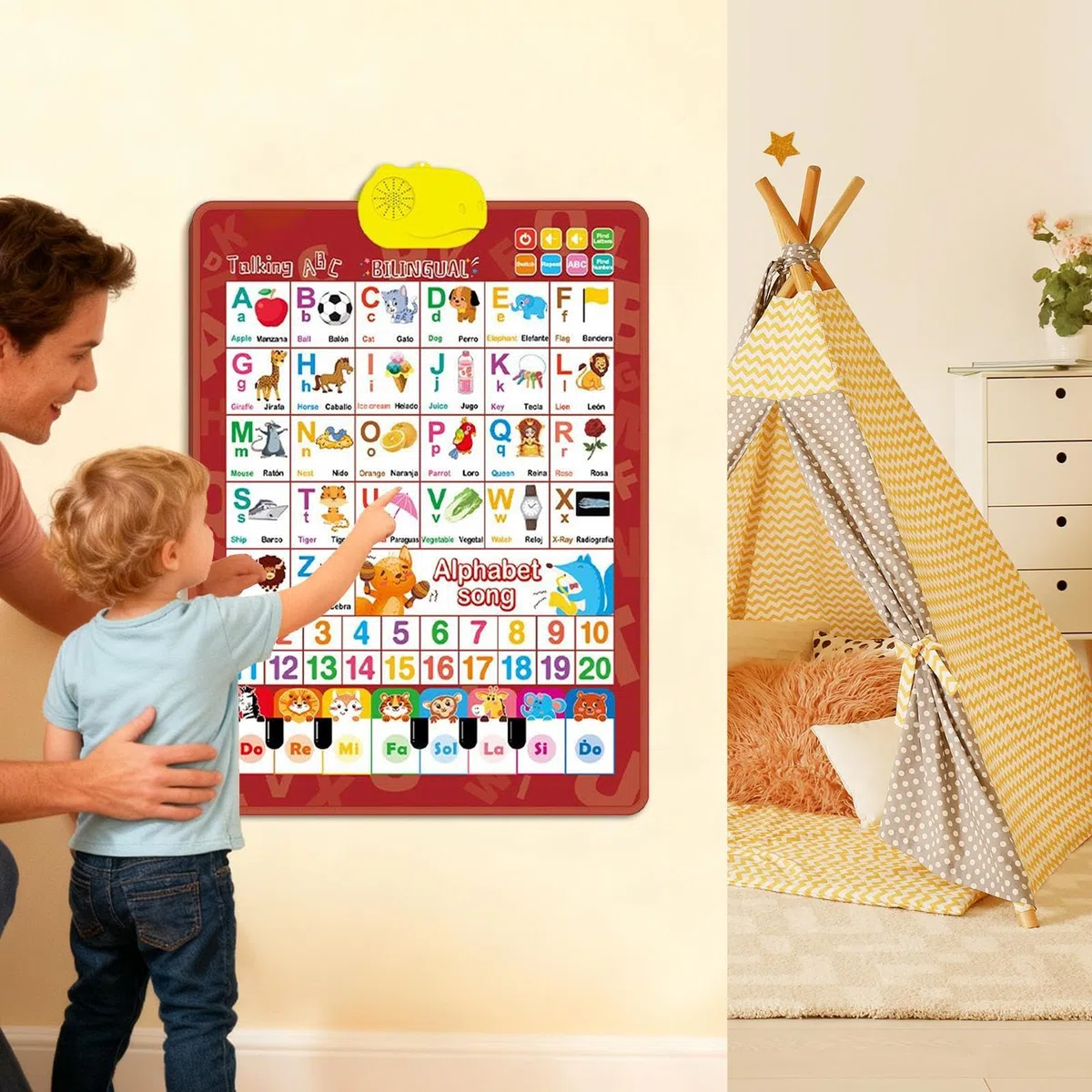 Mapas interactivos de pared: charlas bilingües, juguetes educativos para niños, música española-inglesa, carteles de aprendizaje | Cautivadores carteles de pared de audio para niños de 3 a 8 años en