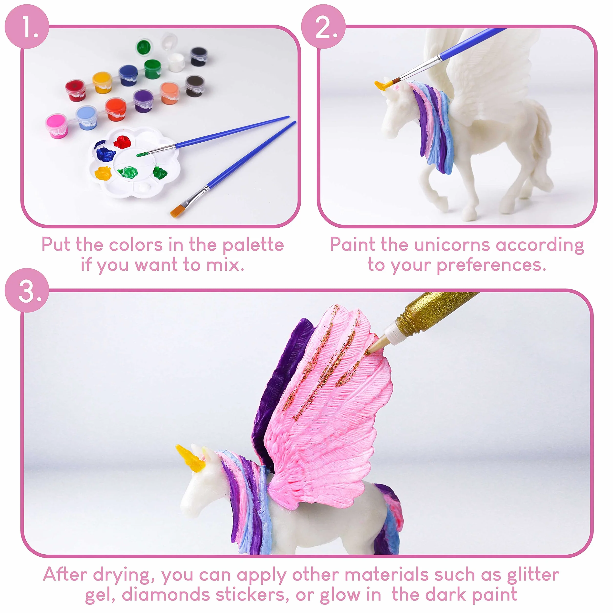 BONNYCO Unicornios para Niñas Figuras para Pintar Kit con 18 Unicornios. Set Manualidades Niñas, Juguetes con Brillo en la Oscuridad 3 4 5 6 7 8 9 10 Años. Regalos Niños en Cumpleaños y Navidad