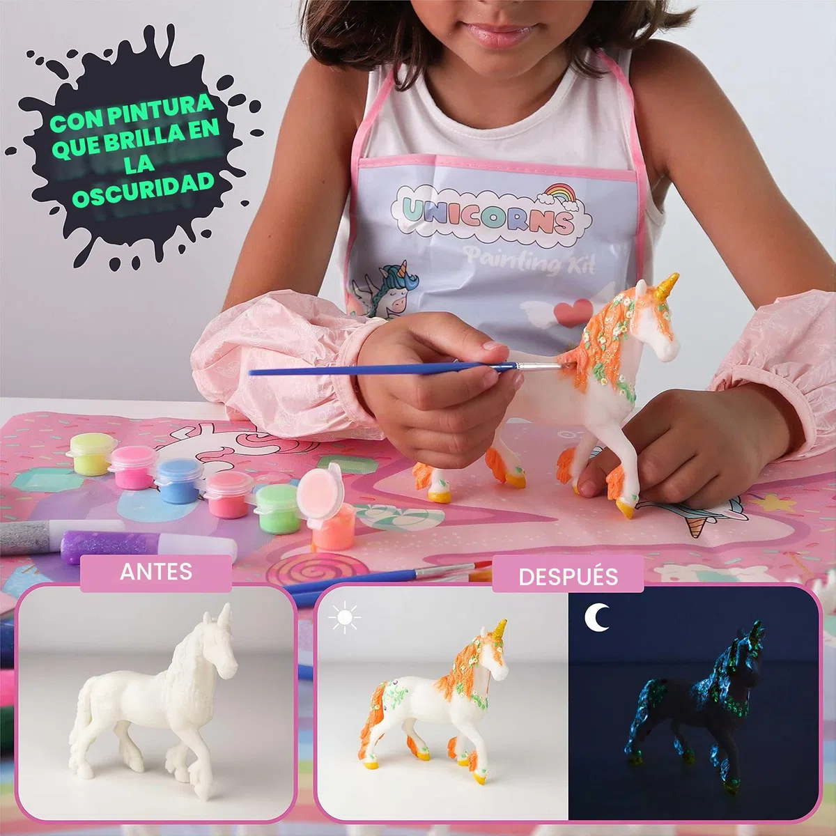 BONNYCO Unicornios para Niñas Figuras para Pintar Kit con 18 Unicornios. Set Manualidades Niñas, Juguetes con Brillo en la Oscuridad 3 4 5 6 7 8 9 10 Años. Regalos Niños en Cumpleaños y Navidad