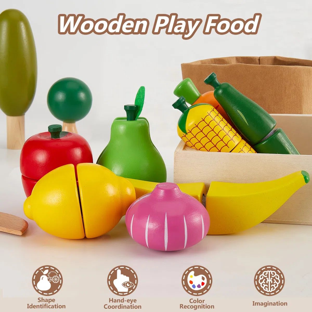 HERSITY Frutas y Verduras Juguete, Madera Juguete para Cocina Cortar, Juego de rol, Juguete Educativos Montessori para Niños y Niñas Regalo 18 Meses+