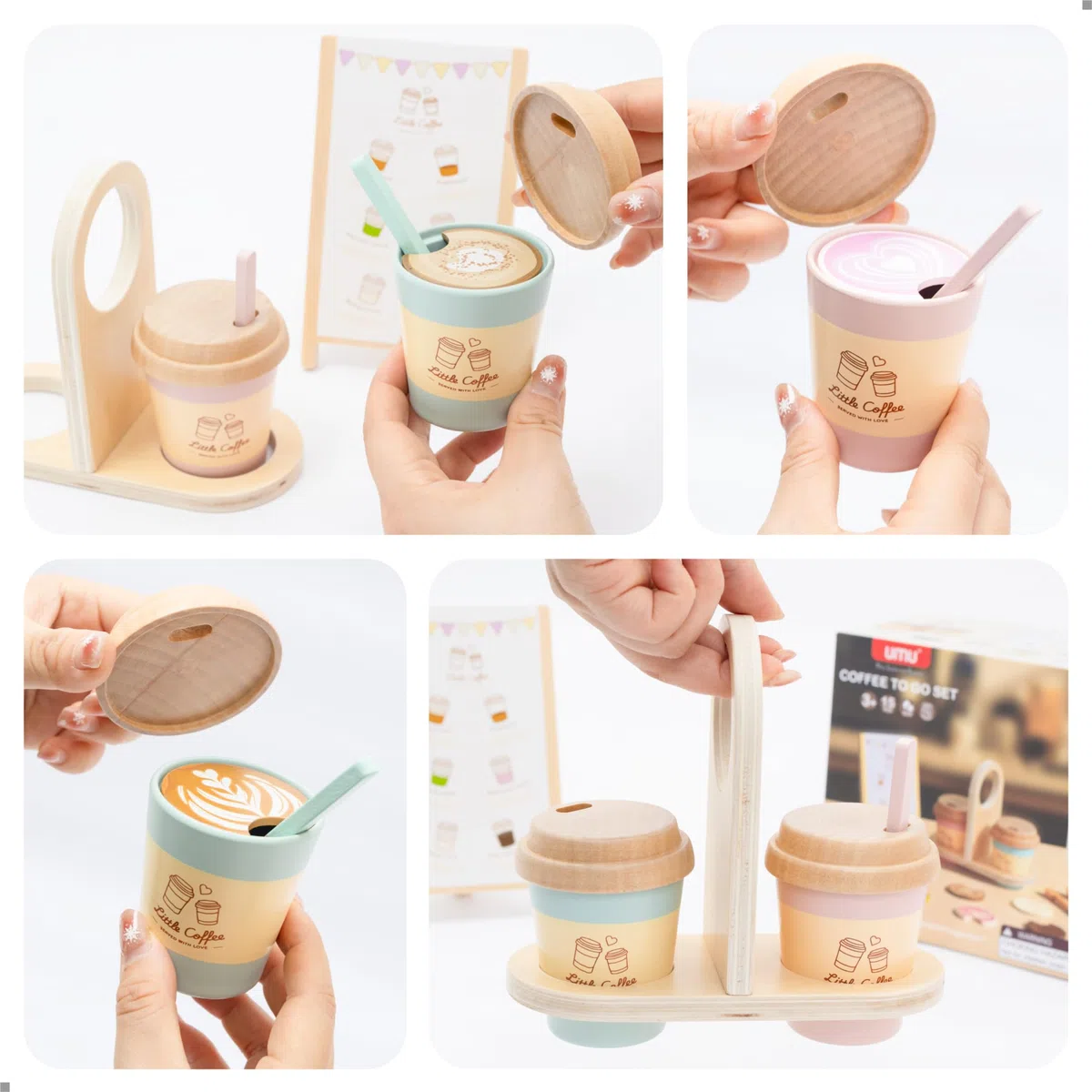 UMU Coffee to Go - Juego de café para niños a partir de 3 años, 15 piezas de accesorios de juego de rol de madera, taza de café y juego de barista