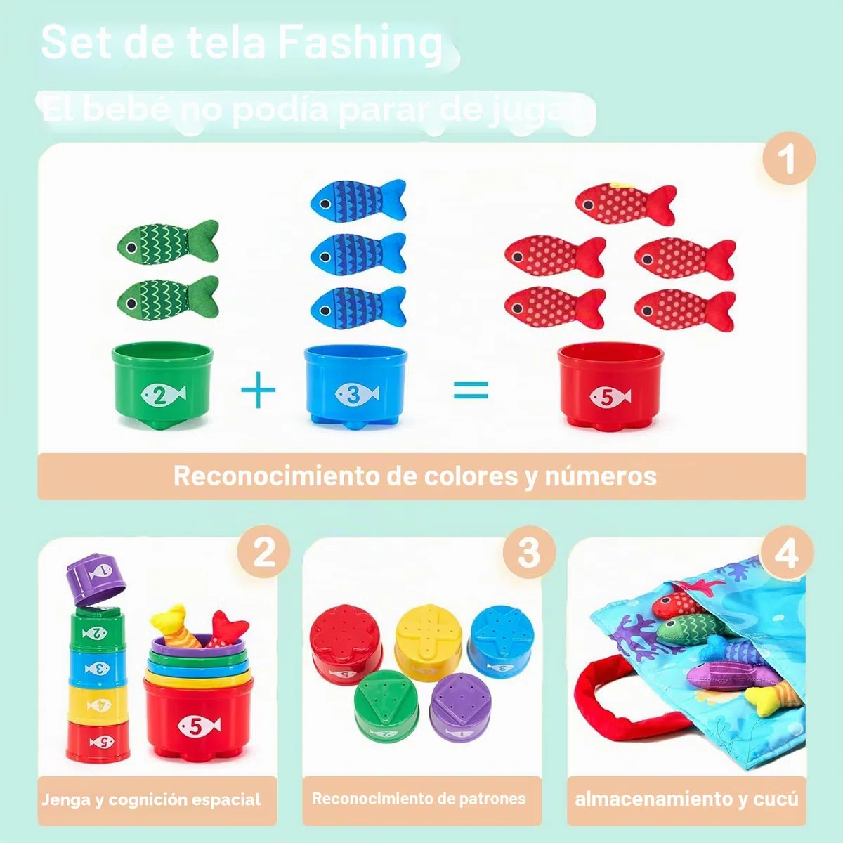Juego de Pesca Magnético para Niños - 15 Peces de Tela + Cubos Apilables, Juguete Educativo Montessori 1-3 Años, Regalo Original para Bebés Niña/Niño 12-36 Meses