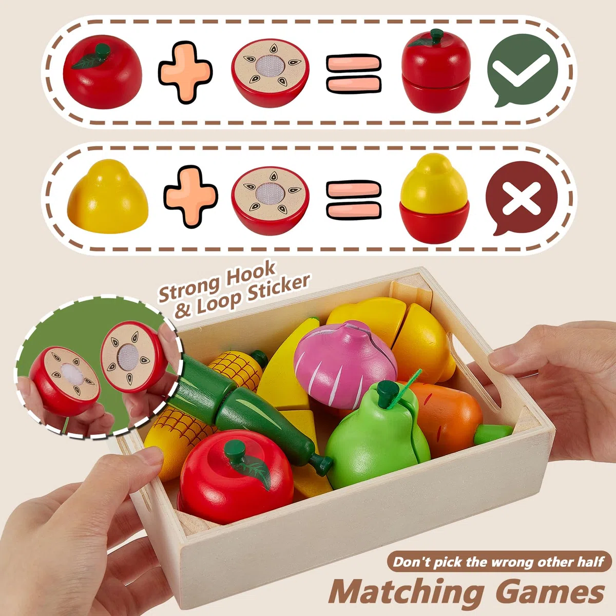 HERSITY Frutas y Verduras Juguete, Madera Juguete para Cocina Cortar, Juego de rol, Juguete Educativos Montessori para Niños y Niñas Regalo 18 Meses+