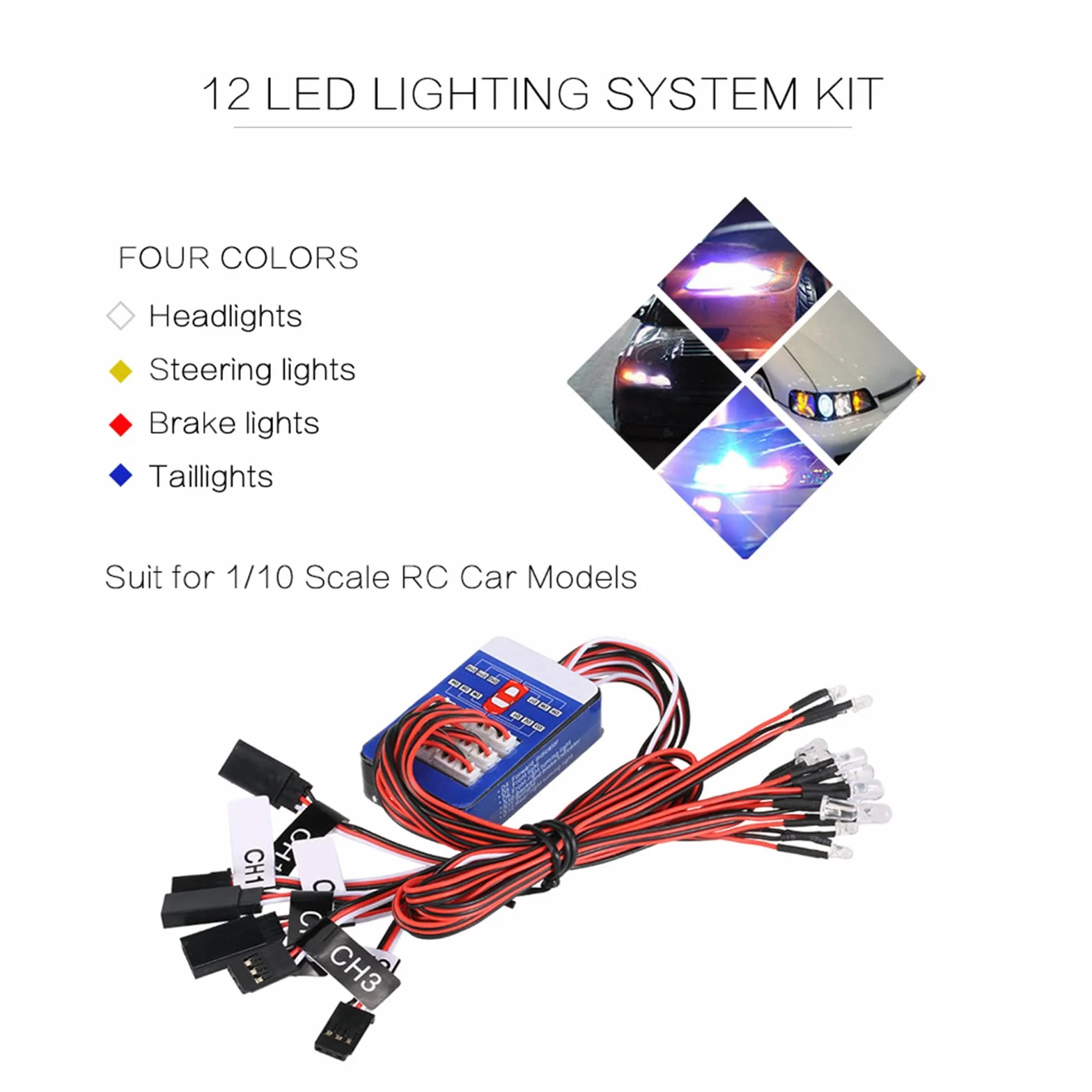 WANGCL Kit de Luces de Coche RC 12 LED Kit de Sistema de iluminación de Freno de dirección Luz estroboscópica de simulación Inteligente para Coche RC 1/10 RC Auto/LKW/Crawler