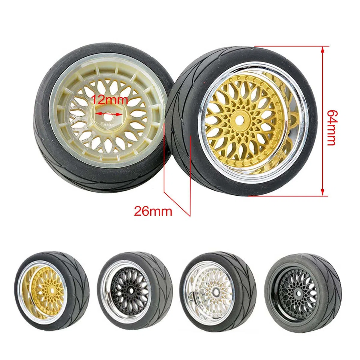 KEEDA Neumáticos de goma de 64 mm y llantas de plástico de 52 mm para 1/10 RC On Road Touring Racing Drift Car (profundidad de presión 6 mm, negro)