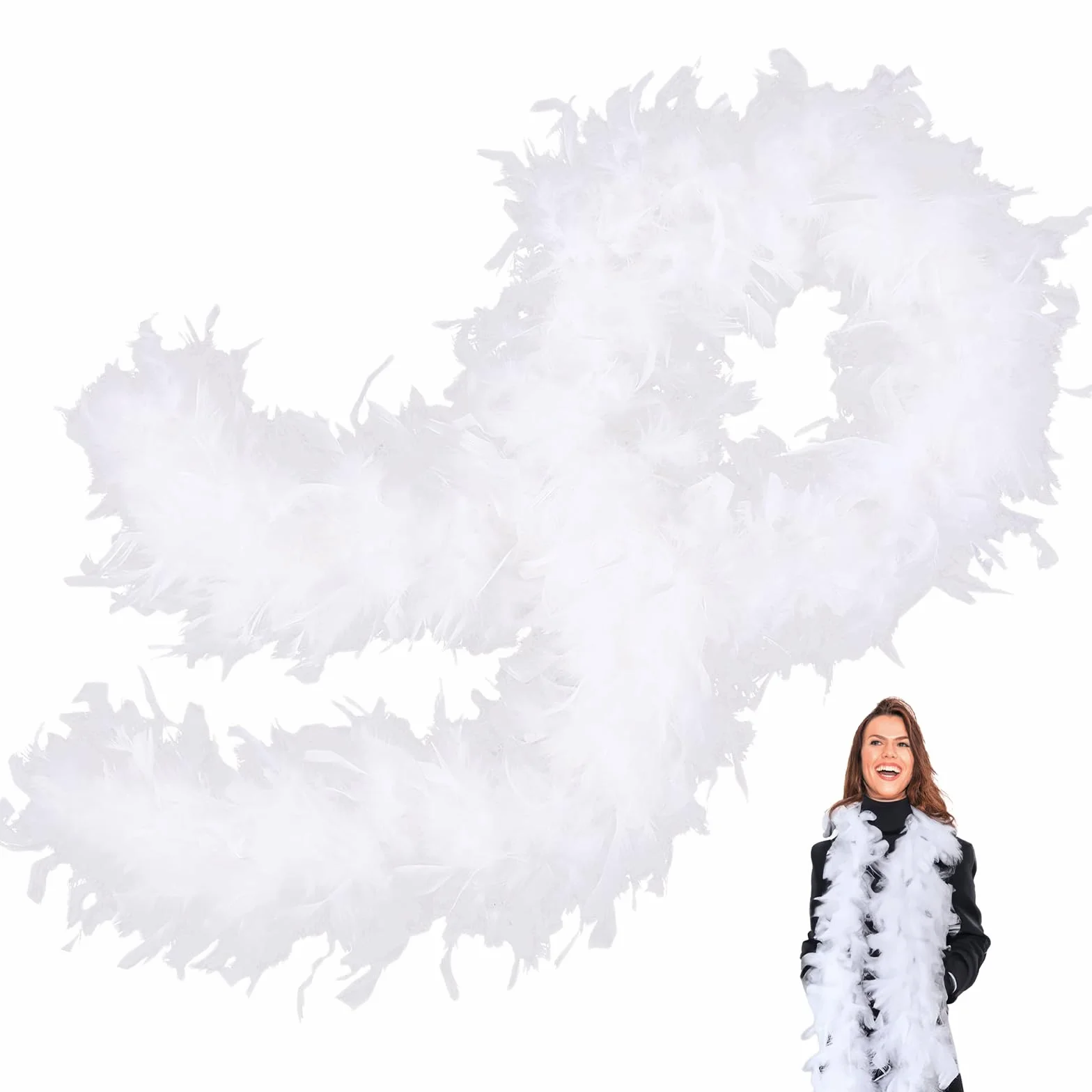 Boa de Plumas Color Blanco de 80g y 2 Metros - Estola Gruesa y Suave para Disfraz de Carnaval, Fiesta, Boda, Halloween, Decoración DIY y Espectáculos