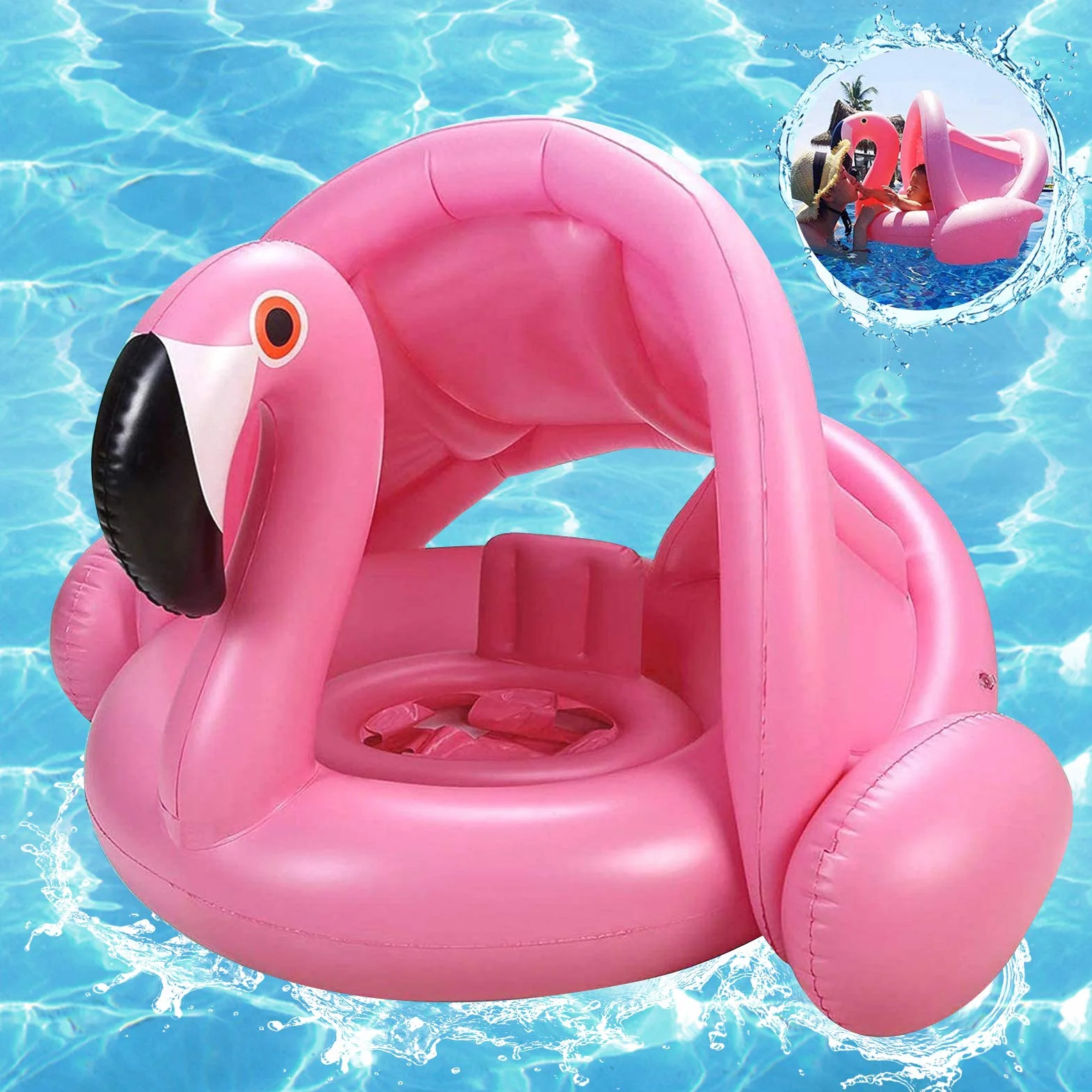Flotadora para Bebés, Flamenco Bebé Flotador de Seguridad, Flotador para Bebé con Sombrilla, Flotador para Bebé con Asiento, Ajustable Barco Anillo de Natación, Protección UV