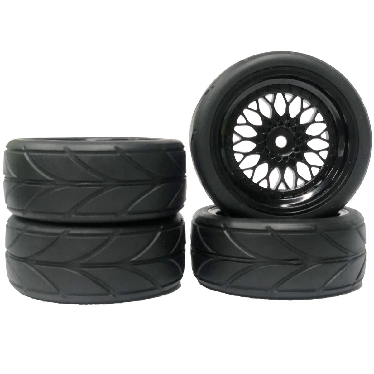 KEEDA Neumáticos de goma de 64 mm y llantas de plástico de 52 mm para 1/10 RC On Road Touring Racing Drift Car (profundidad de presión 6 mm, negro)