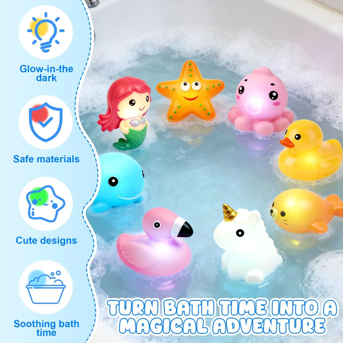 Juguete Baño para Bebés, 8 Piezas Juguetes Baño para Bebés, Juguetes de bañera con luz LED Colorida, Juguetes de baño iluminados, Juguetes Bañera, para Bañera, Ducha o Fiesta en la Piscina