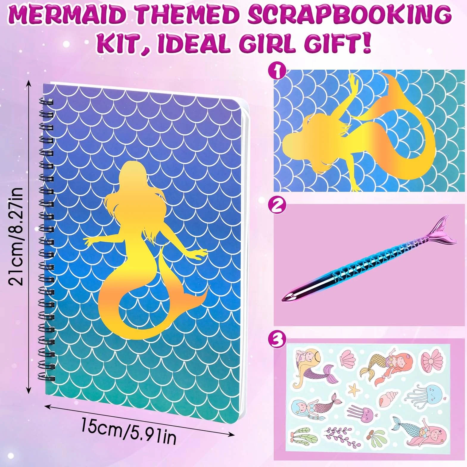 Dadabig Scrapbook kit, Recortes de Sirenas para Niñas 6-12 Años, Álbum de Diario DIY, Papelería de Sirena Personalizados, kits de Artes y Manualidades con 1 Cuaderno y 65 Accesorios