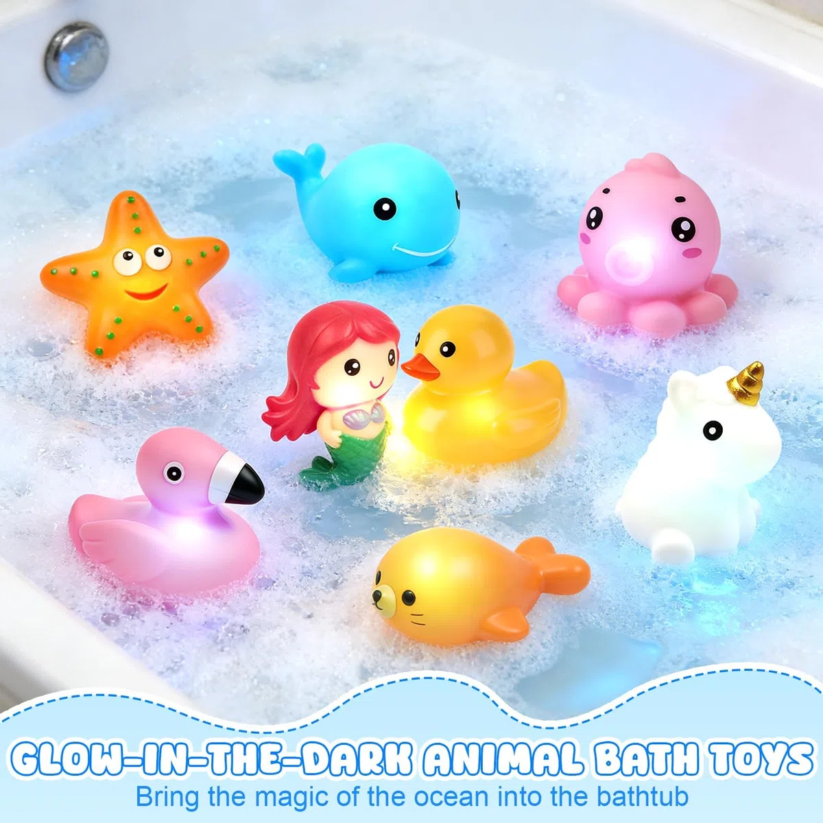Juguete Baño para Bebés, 8 Piezas Juguetes Baño para Bebés, Juguetes de bañera con luz LED Colorida, Juguetes de baño iluminados, Juguetes Bañera, para Bañera, Ducha o Fiesta en la Piscina