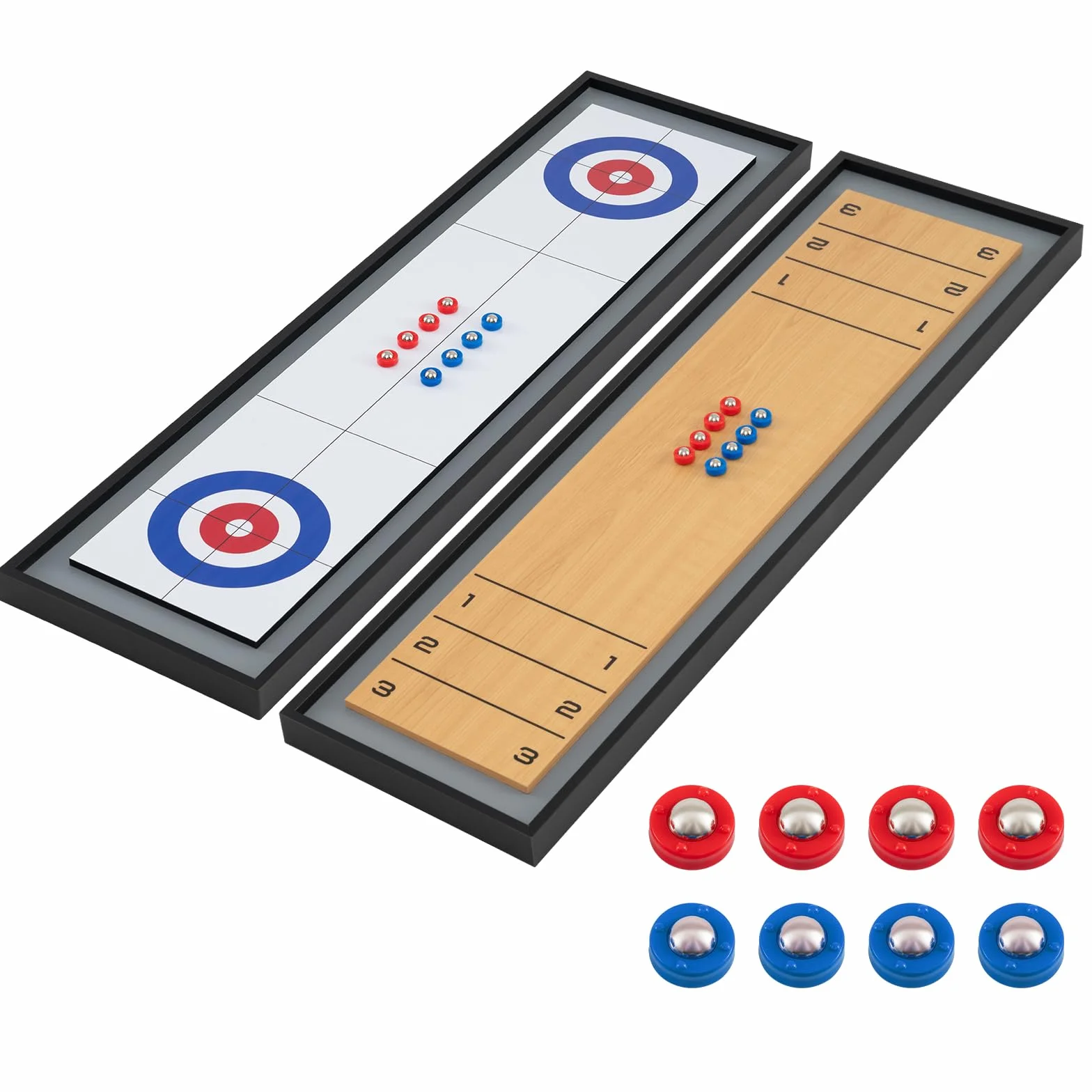 COSTWAY Shuffleboard y Curling de Mesa, 2 en 1 Juego de Mesa Combinada de Madera con 8 Discos, Juego de Tejo Portátil de Shuffleboard, Game Sets de Doble Cara para Adultos Niños