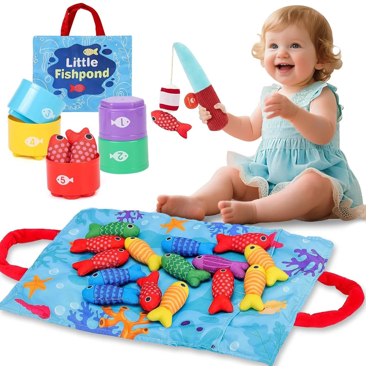 Juguetes Niños 1 Año Montessori, Juego Pesca con 15 Peces Tela, Cubos Apilables, Bolsa, Educativos Juguetes Bebes 12-18 Meses, Regalo Bebe 1 2 Año
