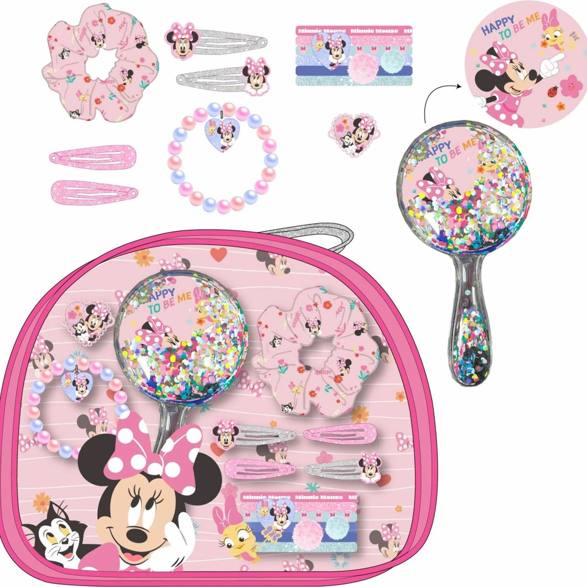 Set de belleza para niñas con accesorios de pelo Minnie Mouse – Neceser con espejo, coleteros, horquillas y pulsera infantil – Juego completo para peinarse y jugar con diseño oficial Disney