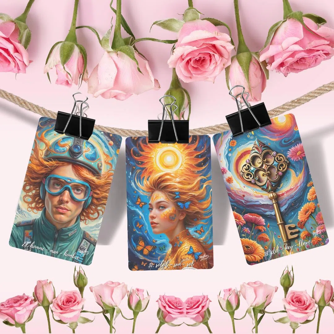 Curly Reddish Lenormand: 36 + 16 Cartas Lenormand oráculo para Principiantes de Mathie y su Guia Angelical, Muy intuitivo, con Video Curso, Palabras Clave en español, inglés y francés