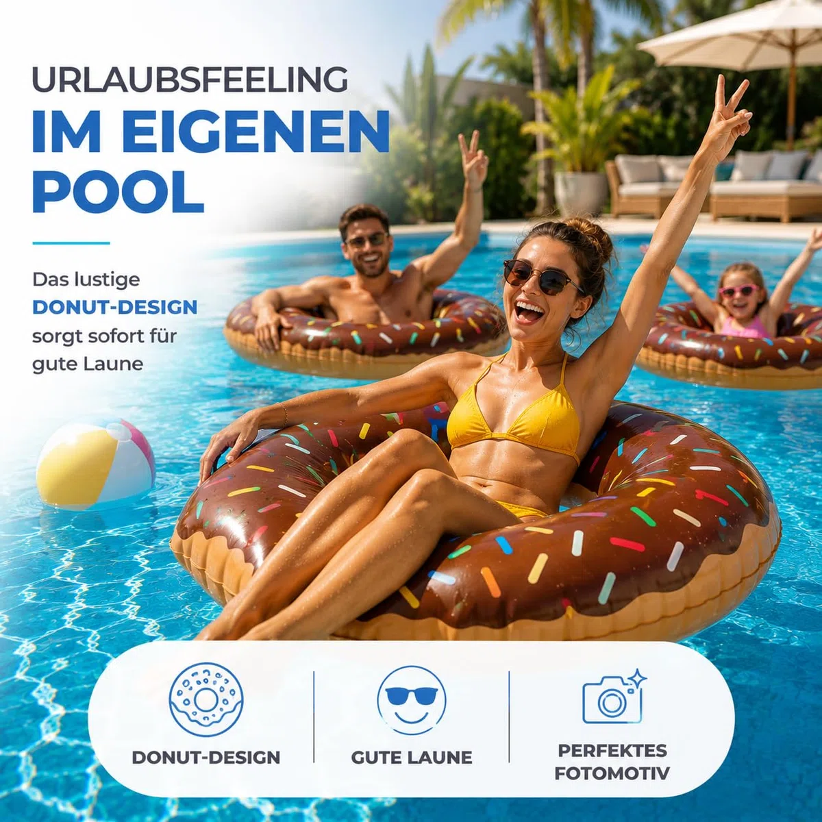 Donut Inflable Ø 120 cm con mordida Anillo de natación aro Flotante colchón de Aire cojín de natación marrón, Piscina y Agua, con 1x portavasos para Adultos y niños Isla de natación Animal flotantema